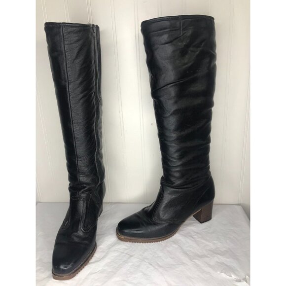 Vintage 1970s Cobbies Black Leather Block Heel Zipper Knee High Boots 6.5B 70584 - Picture 1 of 11